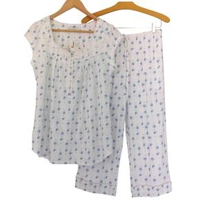 Eileen West Blue White Floral Cotton Lace Trim Capri Pajama Set Modal Sz Small